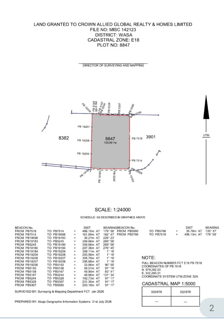 100 Hectares Mixed-Use Land for Sale in Wasa Apo District, Abuja
